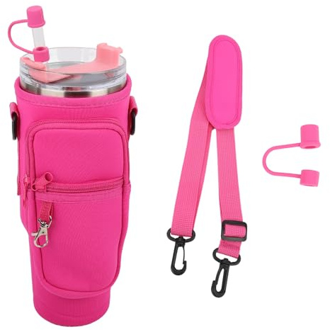Sahunfri Bottle Bag for Stanley Cup 40oz, Water Bottle Holder fits Stanley Cup with Silicone Straw Cover, Adjustable Strap, Phone Pocket, Accessories for Stanley Cup for Walking, Travel (Hot Pink)