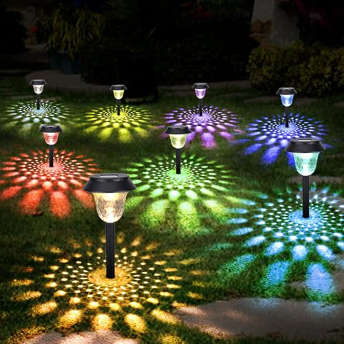 Lnopever 8 Pack Solar Lights Outdoor Garden Stake Garden Solar Lights with Warm White & RGB, Waterproof Pathway Lighting Auto On-Off Outdoor Path Light for Yard, Lawn, and Landscape