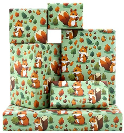 Papel de regalo de ardilla, bonito papel de regalo de bellota con hojas verdes otoñales, 4 hojas plegadas planas de 50 x 70 cm, papel de regalo para niños, cumpleaños, baby shower, boda, fiesta