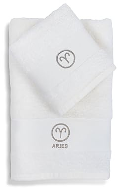 Zodiac, Set Asciugamani Bagno Segni Zodiacali, Set di 2, Asciugamano Viso, Asciugamano Ospite-Bidet, 100% Cotone, Tinta Unita Con Ricamo, Ariete