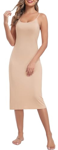 Lovasy Women's Full Slip for Under Dresses Cami Slip Mini Dress Adjustable Straps Basic Long Full Slips Nightgown Nude,Medium