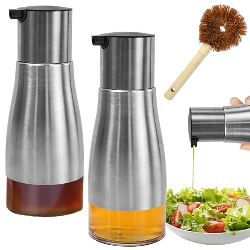 UHETLET 2 PCS Dispensadoras de Aceite y Vinagre 300ml | Aceitera de Acero Inoxidable con Base de Vidrio | Botella de Aceite Rellenable para Oliva, Soja y Vinagres para Cocina y Camping - Con 1 Cepillo