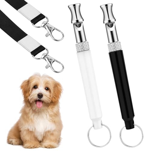 LIQWEI 2 silbatos para perros para dejar de ladrar, silbato profesional de entrenamiento para perros con cordón, herramientas de entrenamiento ultrasónico ajustable para perros en blanco y negro para