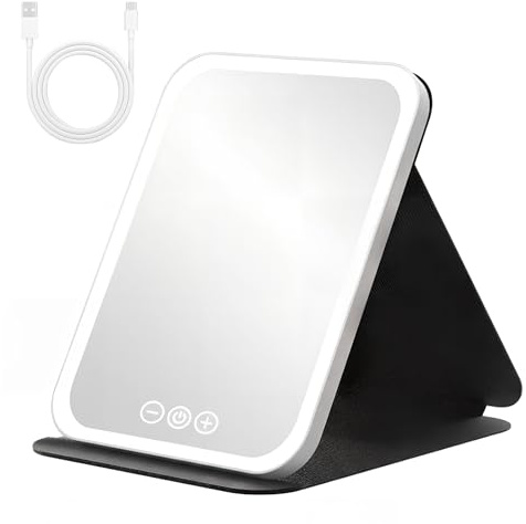 Kosmetikspiegel mit Beleuchtung, Wiederaufladbar Tragbar Spiegel Schminkspiegel, Faltbarer Reisespiegel mit Licht, 3 Farblichter, Dimmbarer Touchscreen Schminkspiegel für Zuhause Reise Kosmetik