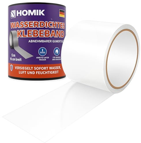 HOMIK Extremt stark transparent vattentät tejp 10 cm x 5 m – tätningstejp och reparationstejp för släta ytor, PVC, plast, metall, UV-resistent