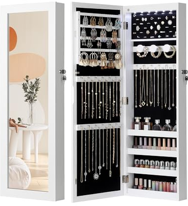 Nicetree 6 LEDs Mirror Jewelry Cabinet, Jewelry Organizer with Full Length Mirror, Wall/Door Mounted Jewelry Organizer, Full Length Mirror with Storge (Textured White)