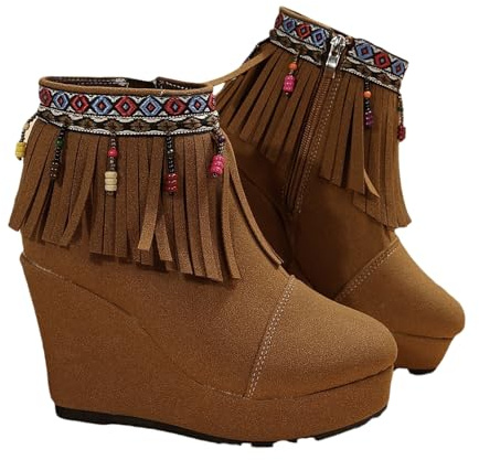 Botines De Cuña con Flecos Botines De Ante For Mujer Botas Cortas con Cremallera Lateral For Otoño-Invierno Tacones Altos con Plataforma Zapatos De Tobillo Elegantes For Fiestas(39 EU)