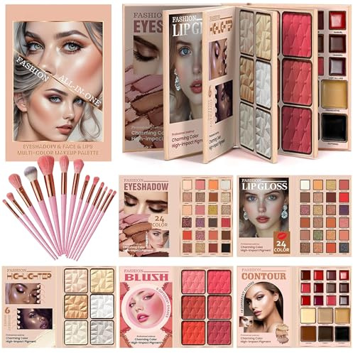Paleta de Maquillaje Libro 78 Colores, Maquillaje Facial Multifuncional 5 Capas con Pinceles, Set de Maquillaje Mujer con 24 Sombras, 24 Brillos Labiales, 6 Rubores, 18 Contornos y 6 Iluminadores