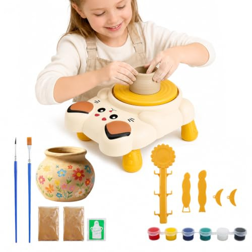 Pottery Wheel for Kids, Complete Pottery Painting Kit Arts and Crafts for Kids Ages 6-12, Kids Pottery Wheel Kit with 2 Pack Air Dry Clay Art Supplies for Boys Girls Christmas Birthday Gift (Beige)