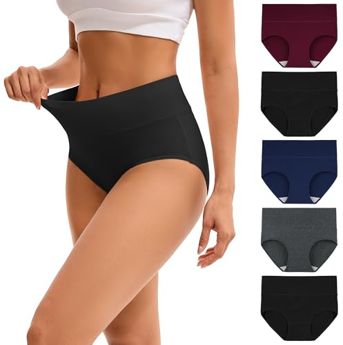 INNERSY Women's High Waisted Underwear Cotton Panties Regular & Plus Size 5-Pack(L,Darks 1)