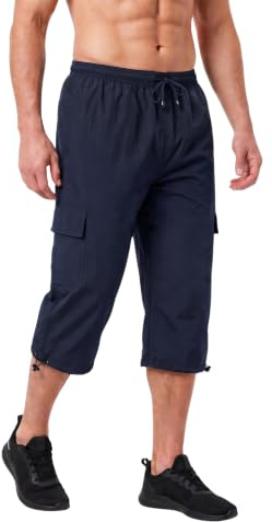 Herr 3/4 shorts byxor nät fodrade underdel lastfickor joggingbyxor gym kläder aktiv sport kläder, Marinblått Xsp, 36W
