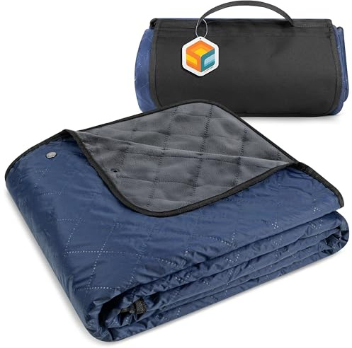 SUN CUBE Large Waterproof Camping Quilt, Fleece Stadium Blanket for Cold Weather, Windproof Foldable Outdoor Mat for Picnic, Beach, Pets, Car, 60x80in (Navy Blue/Grey)