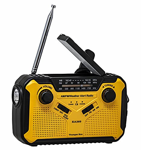 Kaito Voyager ECO KA369 Radio d'urgence AM/FM NOAA Récepteur radio solaire à manivelle 5 voies avec lampe de poche LED et chargeur USB pour téléphone portable Jaune