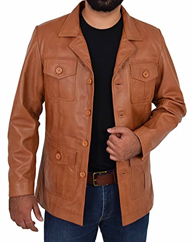 A1 Fashion Goods - Giacca da uomo in pelle, stile classico e retrò anni 70, tipo blazer da caccia, safari, colore nero e marrone chiaro, modello Jim, Marrone chiaro, L