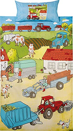 Erwin Müller Kinder-Bettwäsche, Bettgarnitur Tiere, Bauernhof Renforcé - temperaturausgleichend, strapazierfähig, mit praktischem Reißverschluss - Bauernhof 3 Größe 135x200 cm (40x80 cm)
