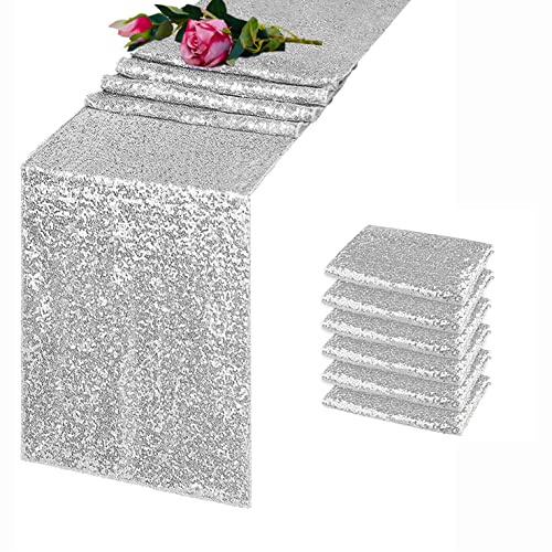 TCBESTO 6 Pack Silver Sequin Table Runner 12x108 Inch, High Density Sparkly Glitter Table Runners for Wedding Reception, Birthday Party, Banquet, Baby Shower, Silver Metallic Shimmering Decor