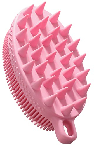 FREATECH 2-in-1 Silicone Body Scrubber - Bath Shower Body Brush and Shampoo Brush Scalp Massager Exfoliator, Deep Cleanse Skin & Hair, Lathers Well, Easy to Clean and Long-Lasting, Pink