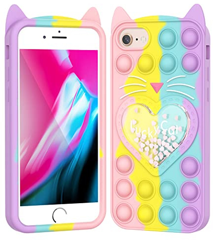 Asgens Fidget Pop Fodral för iPhone 6/6S/7/8/SE 2020, Söt Tecknad Lyckokatt Kvicksand Bling Stjärnor Tryckbubblor Stöttåligt Silikon Mjukt telefonfodral för Apple iPhone 6/6S/7/8/SE 2020 4,7 tum