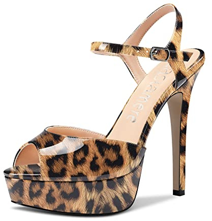 Castamere Femmes Aiguille Haut Plate-forme Talon Ouvert Bout Sandales Lanières Cheville Slingback Boucle Escarpins Mariage Party Dress Chaussures 13CM Heels Beige Léopard 44 EU