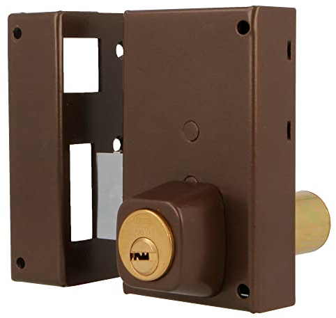 Amig - Serratura da sovrapposizione a sinistra con leva di chiusura e linguetta per porte in legno Mod. 75P | 67 x 112 mm | Cilindro rotondo di sicurezza | acciaio marrone