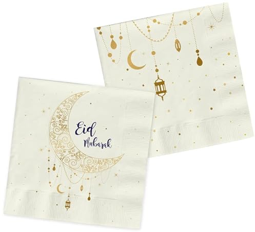 Folat Eid Mubarak Ramadan Dekoration - Servietten Gold Weiß 33x33 cm 20 Stück - Eid Deko Stern Mond Zubehör Ramadan