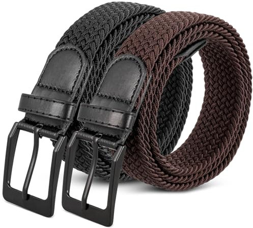 Firtink 2 pieces Men Belts, Elastic Braided Stretch Belt Buckle Stretch Woven Trouser Belts for Men, 105cm/41.33inch, Black, Brown