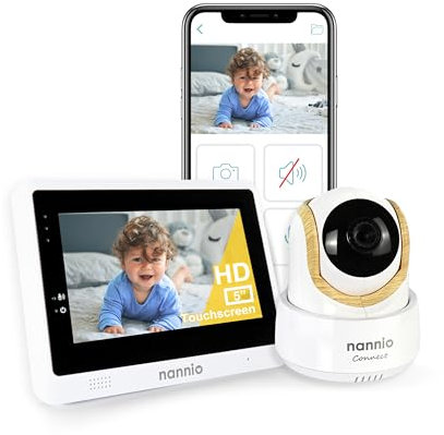 nannio -Connect - Baby monitor med 5 tums pekskärm, smart baby Wi-Fi-skärm, videoinspelning och uppspelning, klar nattvision, temperatursensor, ingen