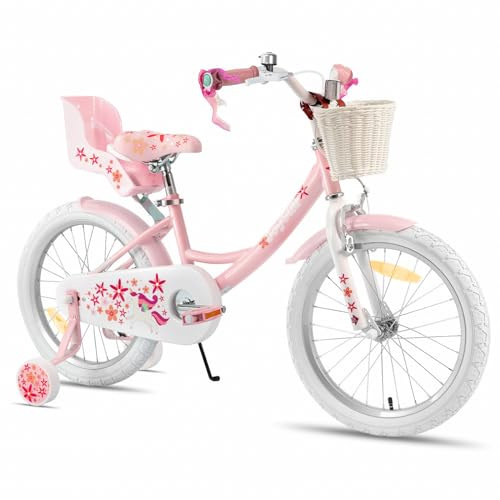JOYSTAR Vélo Licorne 18 pour Fille de 6-9 Ans, vélo Enfant avec siège de vélo de poupée et Roues stabilisatrices, Rose