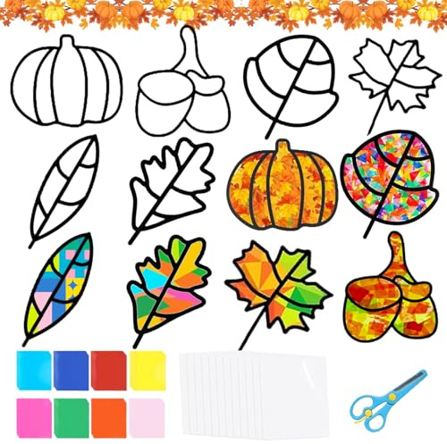 Lot de 12 couronnes d'automne pour enfants avec ciseaux - Kit créatif pour l'automne - Pour décoration d'automne - Feuilles de Thanksgiving - Cadeau pour Halloween - Kit de bricolage pour enfants de 4