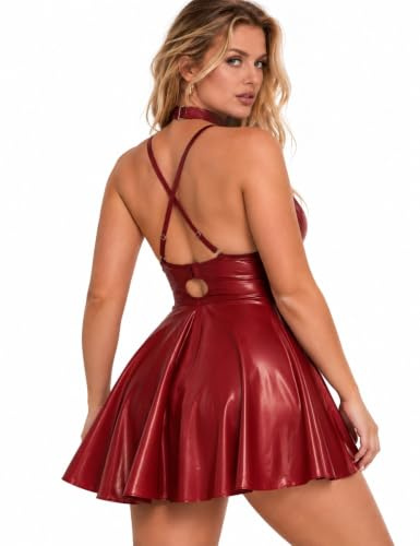 ohyeahlady Women's Sexy Lingerie Sets PU Leather Plus Size Rave Outfits | S-4XL,Flared A-Line Skirt, Curvy Mini Party Dress, Criss-Cross Back, Adjustable Choker Included, Clubwear,Bedroom,Halloween