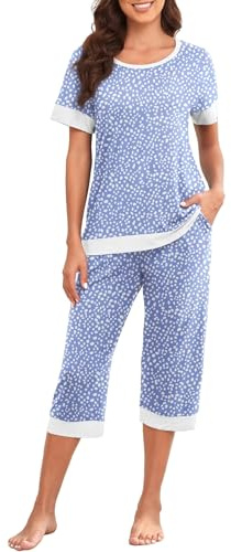 PrinStory Pigiami da donna a maniche corte set pigiama leggero top pigiama e pantaloni capri biancheria da notte set pjs con tasche, L