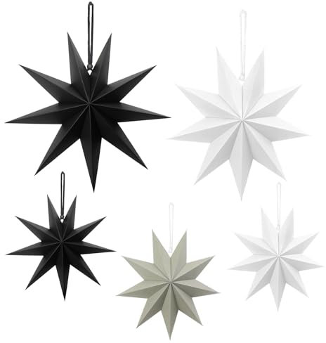 WCDSFL 5 Stück Papiersterne Weihnachten 25cm x 3 + 30cm x 2 Skandinavisch Papiersterne zum Aufhängen,Zimmer (Schwarz, Weiß, Grau)