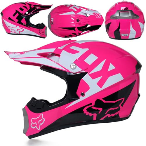 SMTSEC Motocross Helm Damen Herren Full Face MTB Helm Motorradhelm Cross DOT/ECE-Zertifizierter Mit Schutzbrillen Maske Handschuhe Downhill Helm Mopedhelm Schutzhelm Für Cruiser Chopper,Pink-S