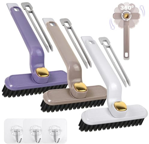 Lot de 3 brosses à joints avec manche - Brosse de nettoyage rotative multifonction à 360° - Brosse de nettoyage à poils durs avec manche - Brosse de nettoyage des coins - Pour salle de bain, éviers de