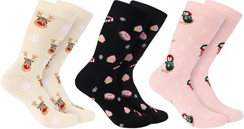 BRUBAKER 3 Par Julsockor - Roliga Strumpor för Damer och Herrar med Julmotiv - Renar, Pingviner och Godis - Bomull - Julklapp - EU 35-40