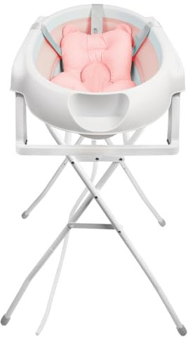Babybadewanne mit Gestell 84.5cm, Faltbare Babybadewanne mit Badekissen, Babywanne mit Ständer und Abfluss, Ab Geburt bis 2 Jahre (Rosa, mit Ständer, 66 * 61 * 82cm)