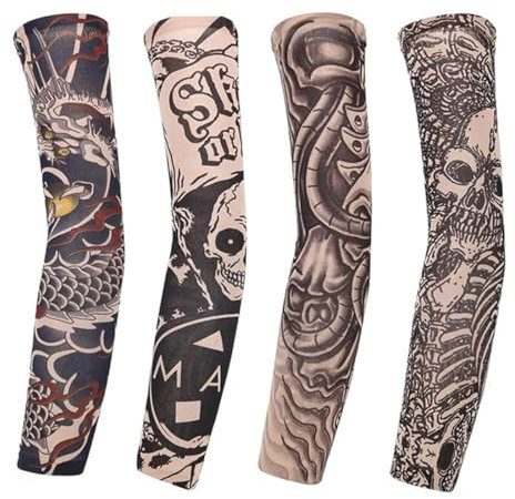 MaoNativey 4Pcs Tattoo-Ärmel für Männer & Frauen - Realistische Fake-Tattoos mit Rock & Totenkopf-Design - Atmungsaktive Stretch-Nylon Ärmel (38cm) für Sport & Sonnenschutz,B