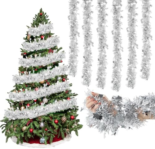 Shyllin Guirnalda de Oropel de Navidad, Paquete de 6 Espumillon Arbol Navidad, Guirnalda Metálica Brillante de 2 m, Adecuada para Navidad, Bodas y Decoraciones de Centros Comerciales (Plata)