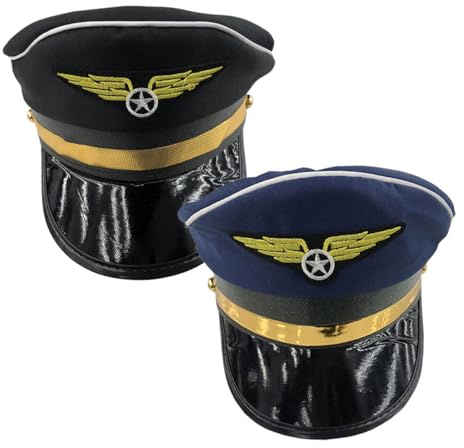 ARTSEWPLY 2pcs Cosplay Pilot Hat Black Navy Lightweight Adjustable Performance Caps for Party Stage Carnival Unisex Costume Accessory