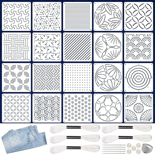 Omnikryp 20 stycken Sashiko-mallar, 13 x 13 cm Sashiko plastmallar, för handquiltning och sömnad, geometriska mönster