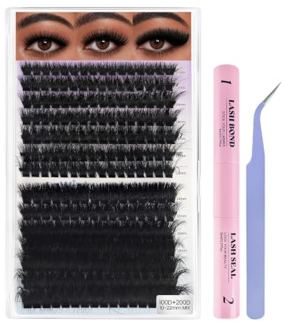 Faux Cils Individuel Volume Russe 100D 200D 224pcs D Curl Pince Glue Seal | Wispy Épais 5 Longueurs Mixte 10-22mm Fluffy Un Couche Deux Effet Léger Toute Journée Débutant OK