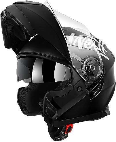 Westt Klapphelm Motorradhelm Integralhelm mit Sonnenlende und Visier, ECE-R 22.06 Motocross Helm Mopedhelm für Damen und Herren, Mattschwarz / Mattgrau/ Weiß, in Größe S-XL