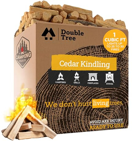 Double Tree Fire Starter Sticks - 100% Natural Cedar Wood Kindling, Quick & Easy Burning for Campfire, Camping Cooking Stove, Fire Pit, Fireplace & Grilling, lndoor & Outdoor - (Large 1 Cubic ft)
