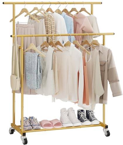 Calmootey Kleiderständer mit Doppelstange, rollbarer Kleiderständer, tragbarer Kleider-Organizer für Schlafzimmer, Wohnzimmer, Bekleidungsgeschäft, Gold