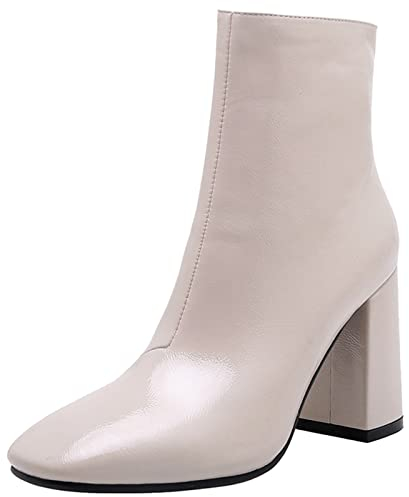 Bviennic Damen Hohen Blockabsatz Kleid Square Toe Stiefeletten Buro Formal Weit Fit Chelsea Lack Winter Stiefeletten Beige/D Gr 33 Eu