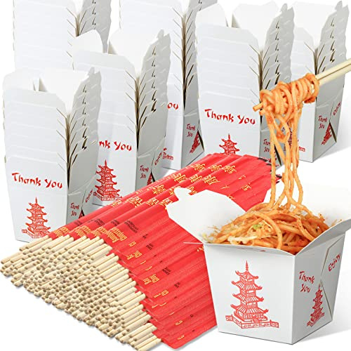 Sabary 50 Sets 8 oz Chinese Take out Boxes with Chopsticks, Pagoda Paper Food Containers with Sleeved and Separated Disposable Chopsticks for Asian Party Decorations Favor Birthday Wedding Restaurant