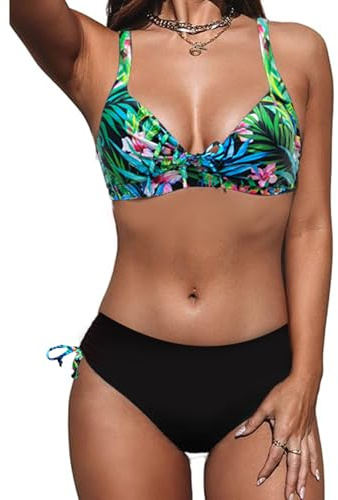JFAN Costume da Bagno Donna Due Pezzi Costumi Mare Donna Sexy con Coulisse Bikini Push Up(Stampa Nera,L)