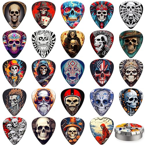Plektron Gitarre 24 Stück Schädel Plektrum 0.46/0.71/0.96/1.20mm Plektren Gitarre 4 Verschiedene Dicke Guitar Picks,Plektrum Akustikgitarre, E Gitarre, Bass(Mix-6)