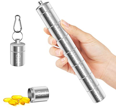 Tablettenbox 7 Tage, DASKING Aluminium Pillenbox Klein mit 7 Teilbaren Fächer, Wasserdichte Medikamentenbox mit Schlüsselanhänger Karabiner für Outdoor Reisen Camping Silber
