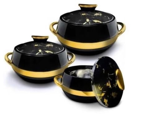 Kajal Küchen-Thermoschalen 3er-Set | Edelstahl Lebensmittelbehälter Wärmefunktion (1000 ml, 1500 ml, 2000 ml) | Isoliert, langlebig, stylisch, schwarz-gold